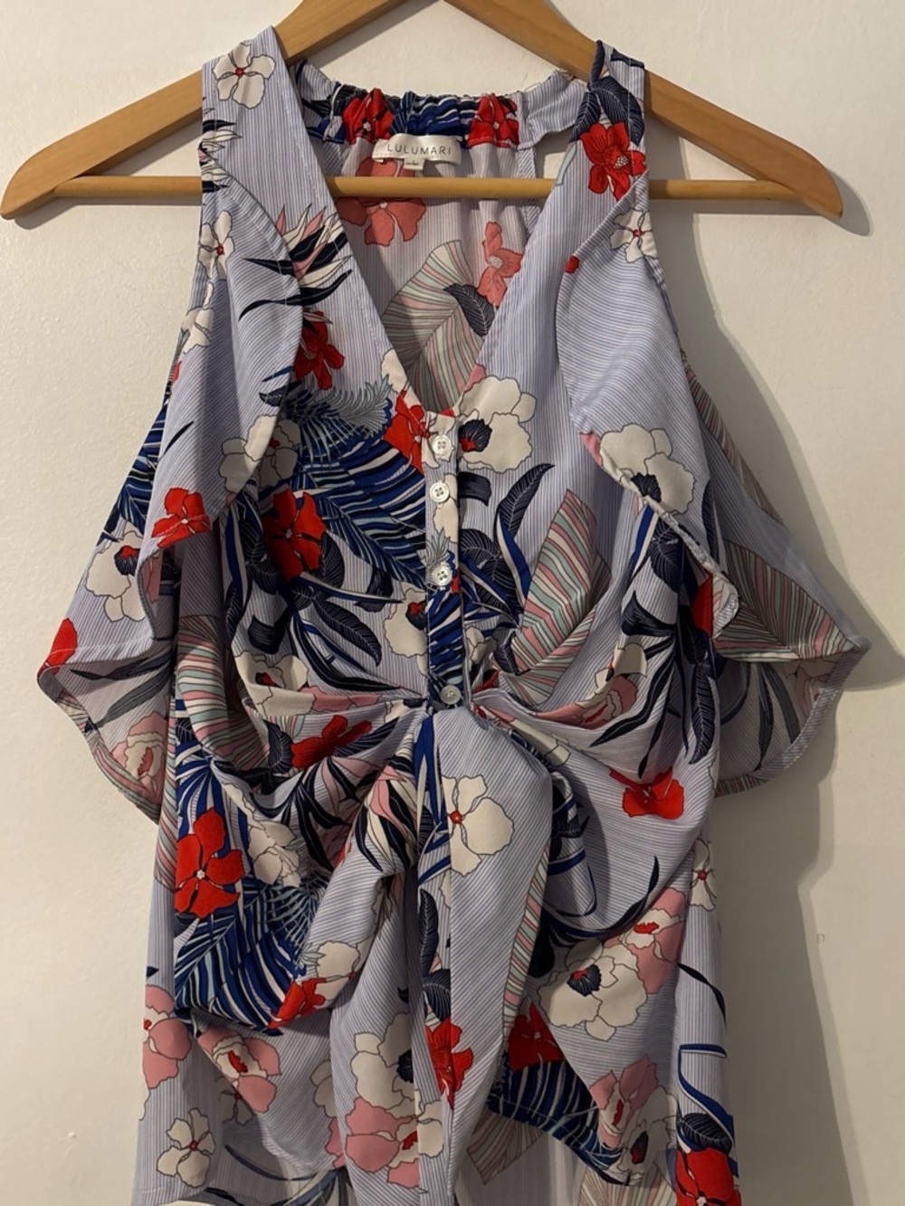 Lulumari Floral Cold-Shoulder Tie-Front Blouse in Red, Navy & White